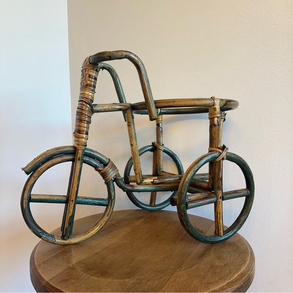 Vtg Bamboo Tricycle Bike Plant Stand Holder Wicker Rattan Boho NO PLANT OR POT - Picture 2 of 13